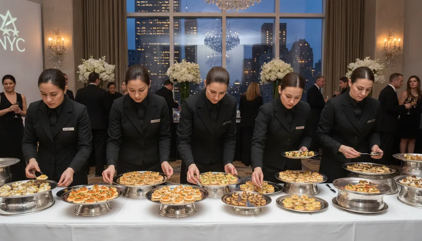 Professional catering team in black uniforms arranging gourmet hors d'oeuvres on silver platters at upscale NYC corporate gala