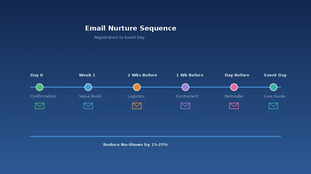 Email nurture sequence timeline for event registration showing six touchpoints from confirmation to event day to reduce no-shows