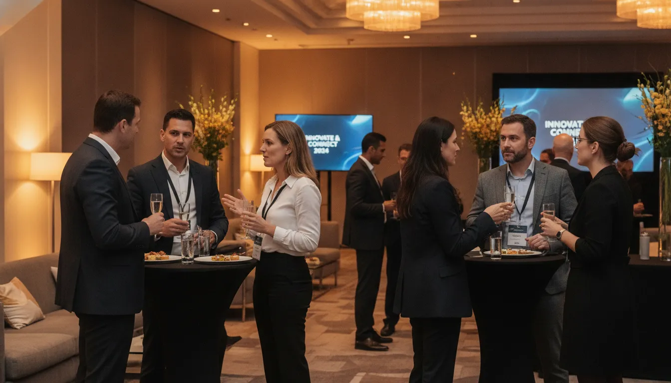Diverse event planning professionals networking and building vendor relationships at a high-end industry conference