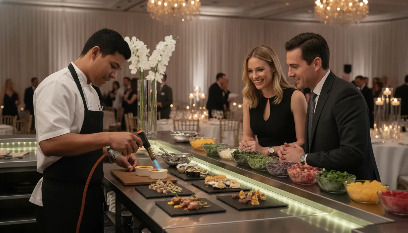 Chef preparing customized gourmet dishes at an interactive culinary station for corporate event guests in an elegant setting