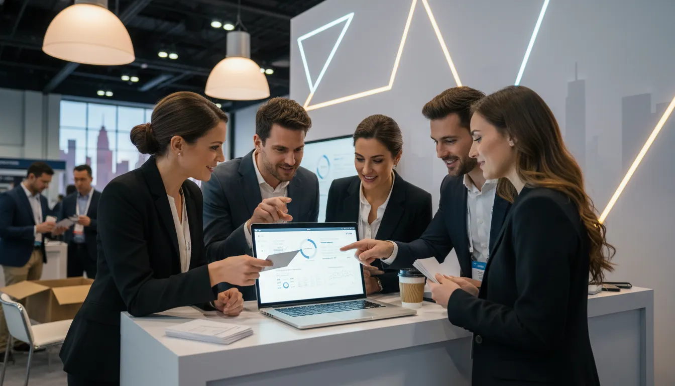 Trade show team reviewing post-event follow-up ROI dashboard