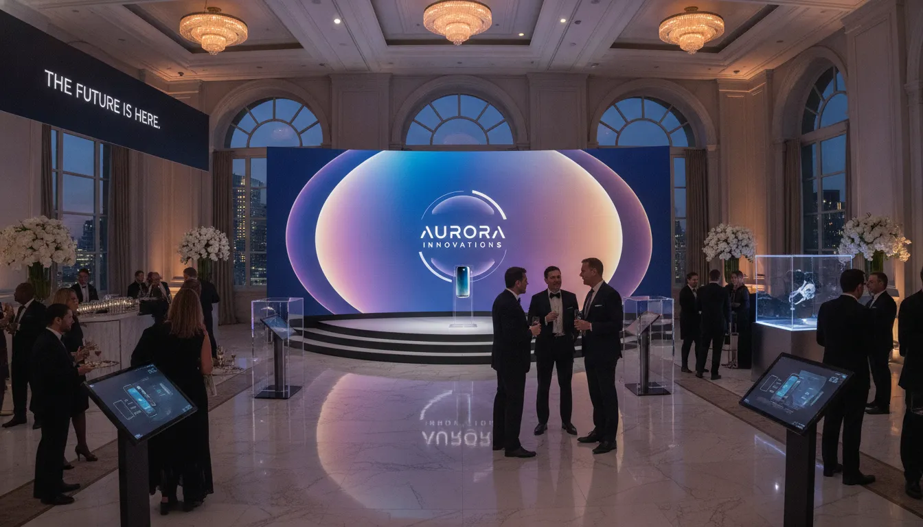 Corporate marketing directors experiencing an interactive product demonstration at a high-end product launch event in Manhattan