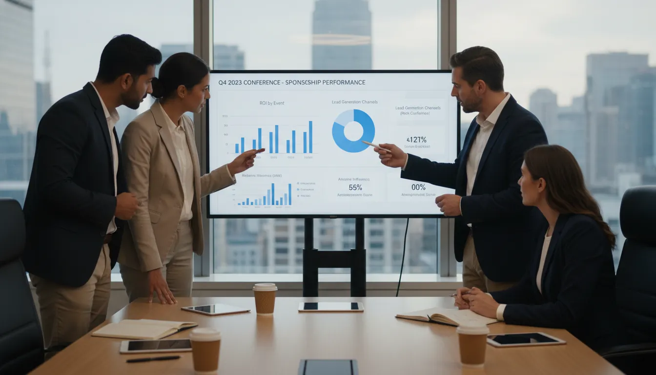 Marketing team measuring event sponsorship strategy performance after a conference