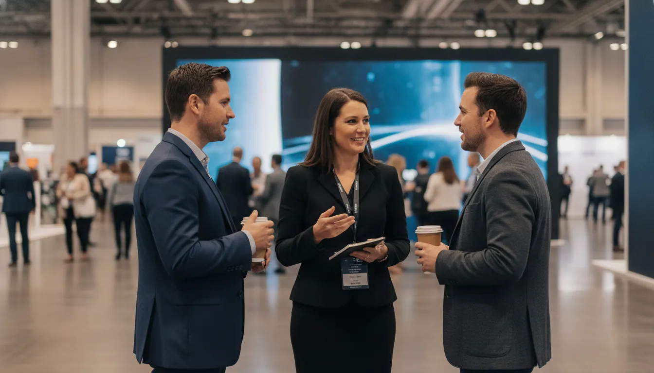 Event professionals having a focused networking conversation