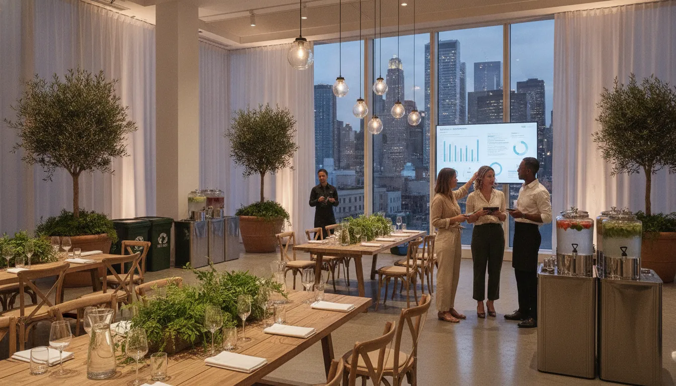 Sustainable event planning team in a modern corporate venue