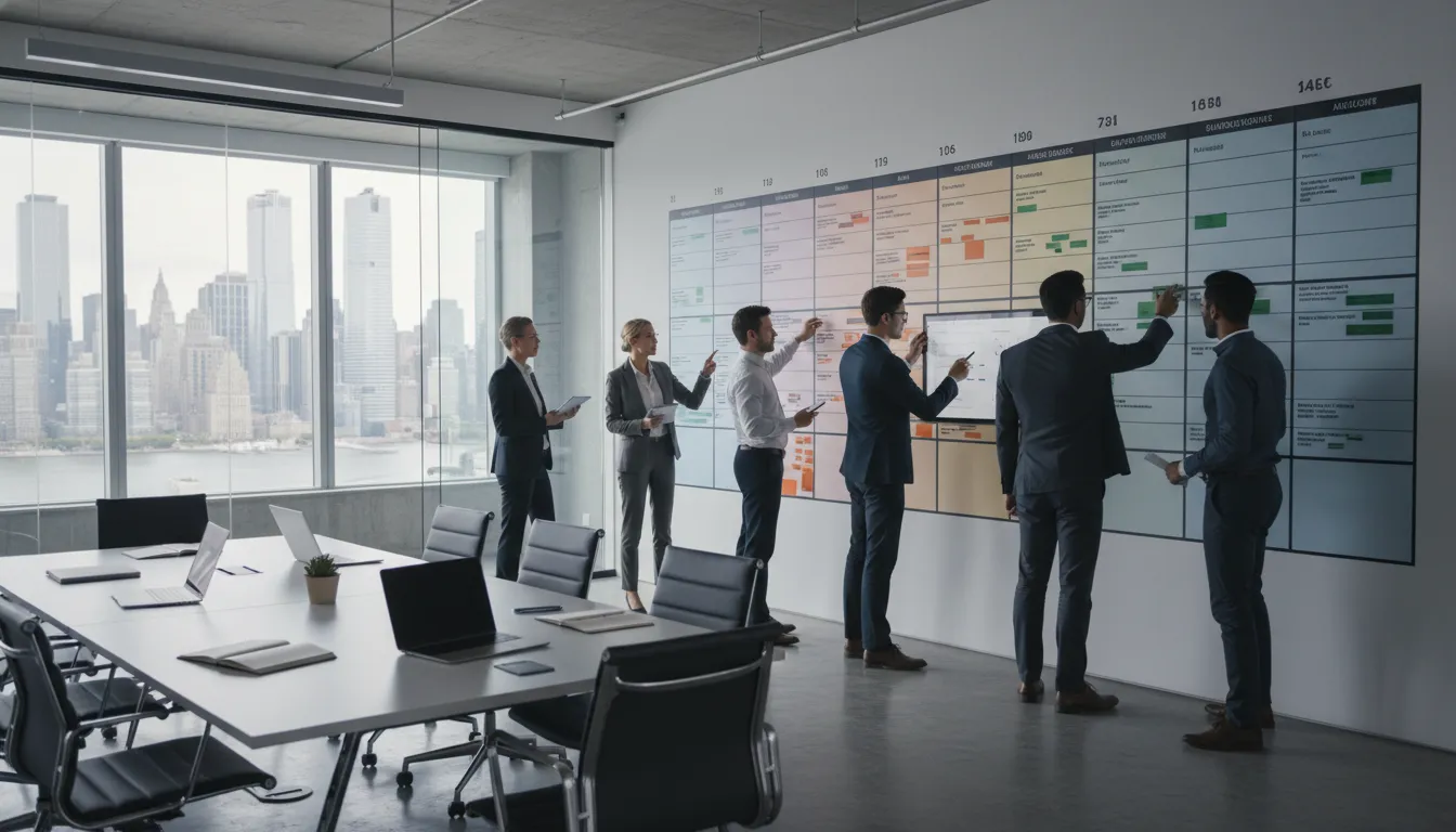 Corporate planners reviewing an event production timeline