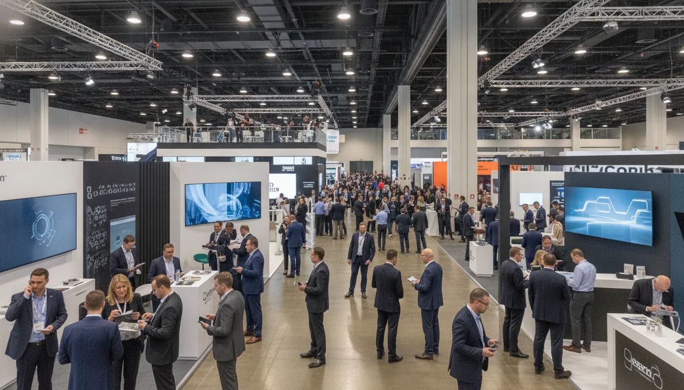 Event professionals evaluating a busy trade show floor