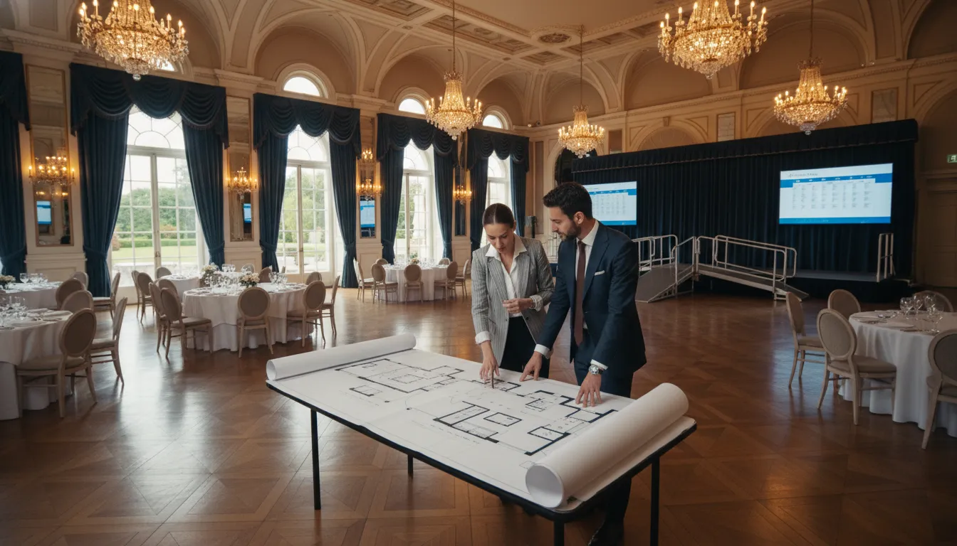 Event planner and venue representative reviewing floor plans during a venue walkthrough