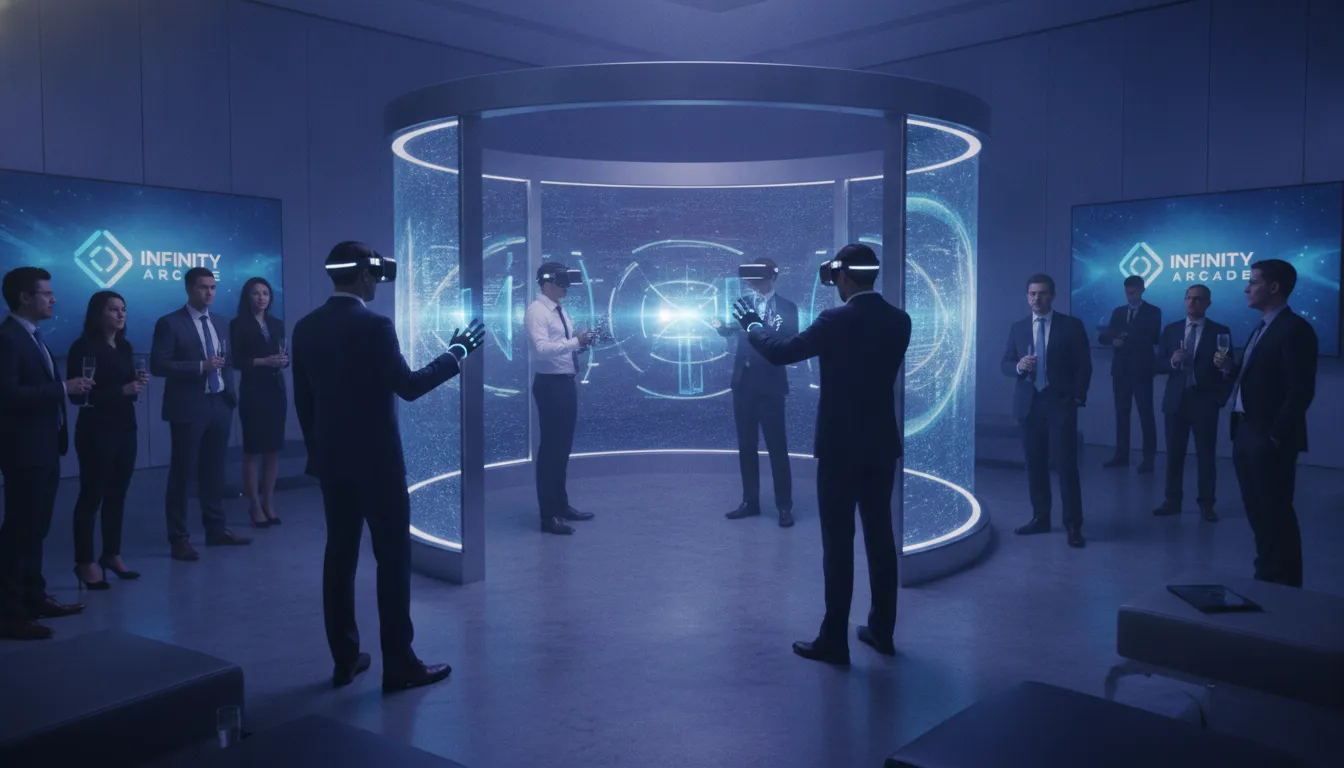 Corporate event attendees engaging with an immersive VR installation at a modern conference with blue ambient lighting