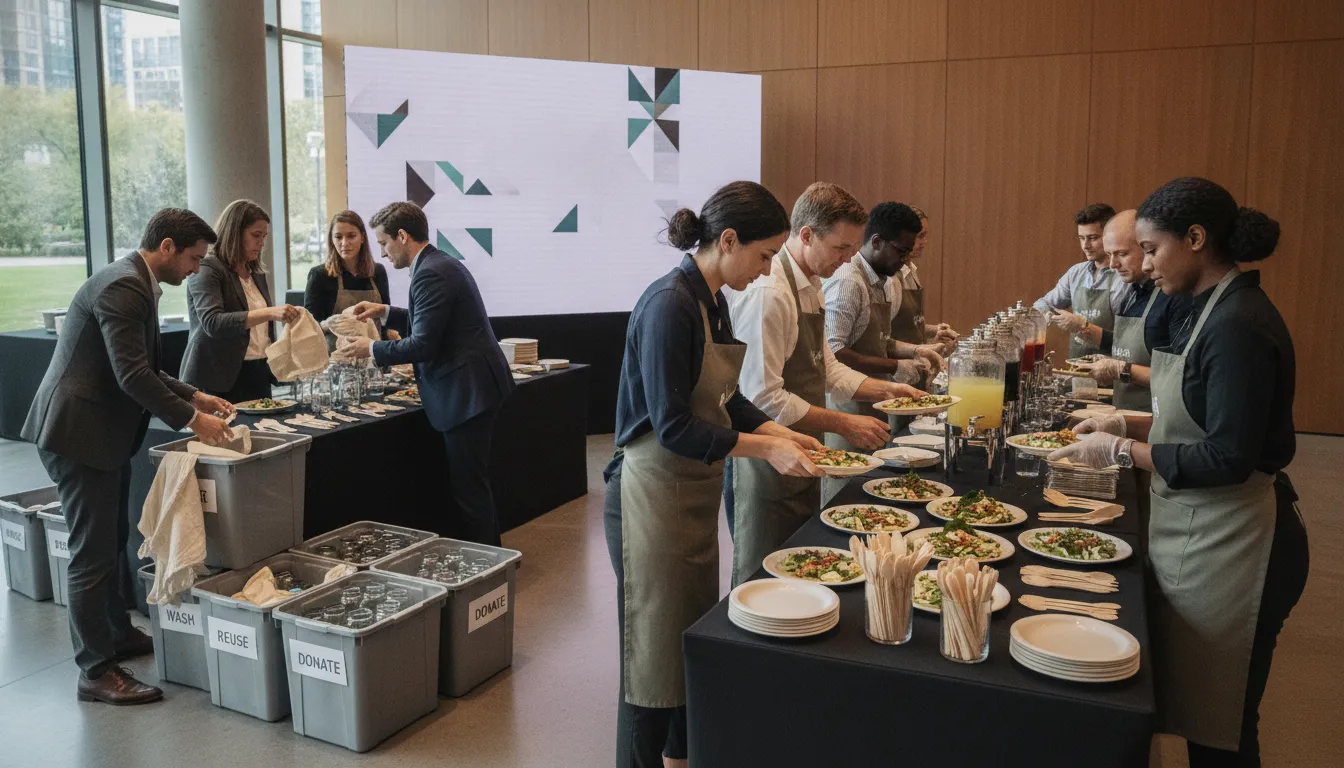 Corporate event team applying sustainable event planning waste practices