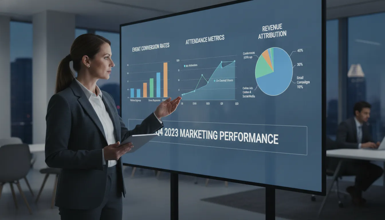 KPI dashboard showing event conversion rates and attendance metrics on a large analytics screen