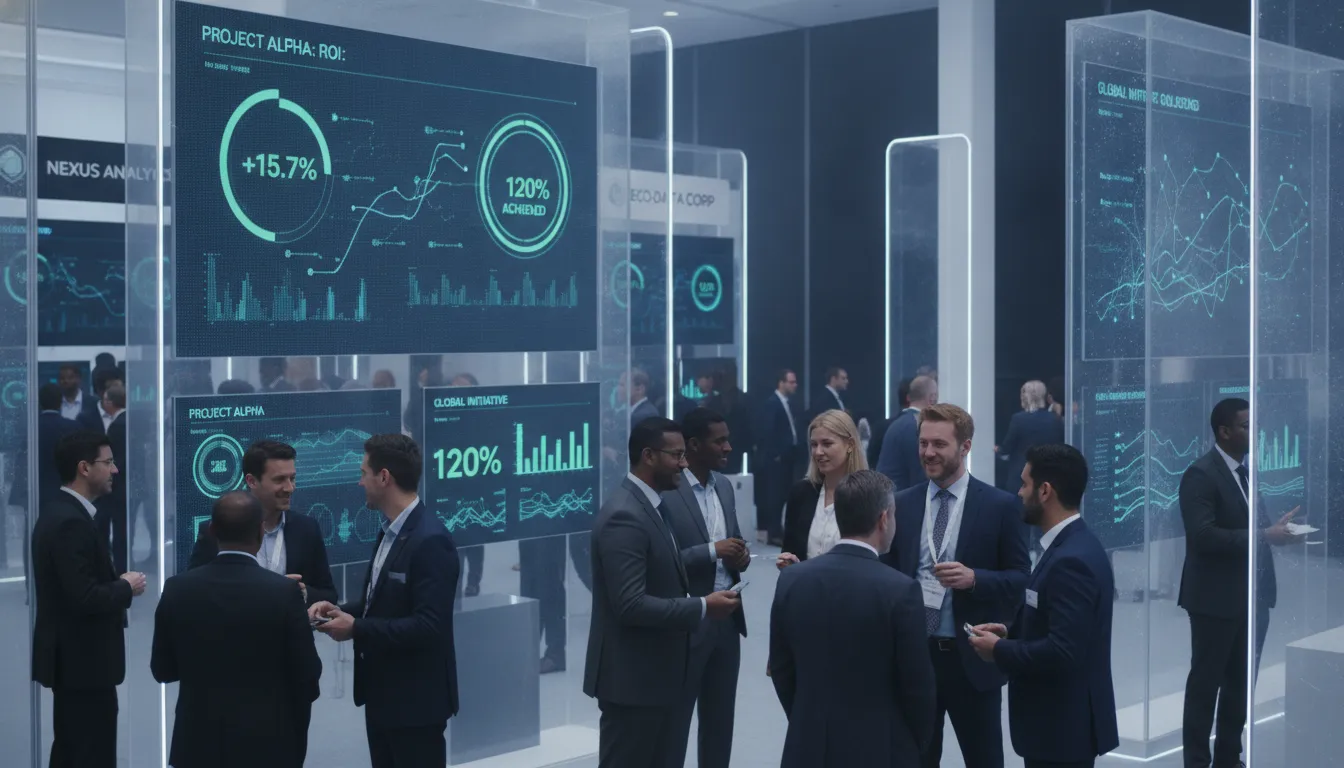 Business professionals networking at a trade show with digital analytics in background