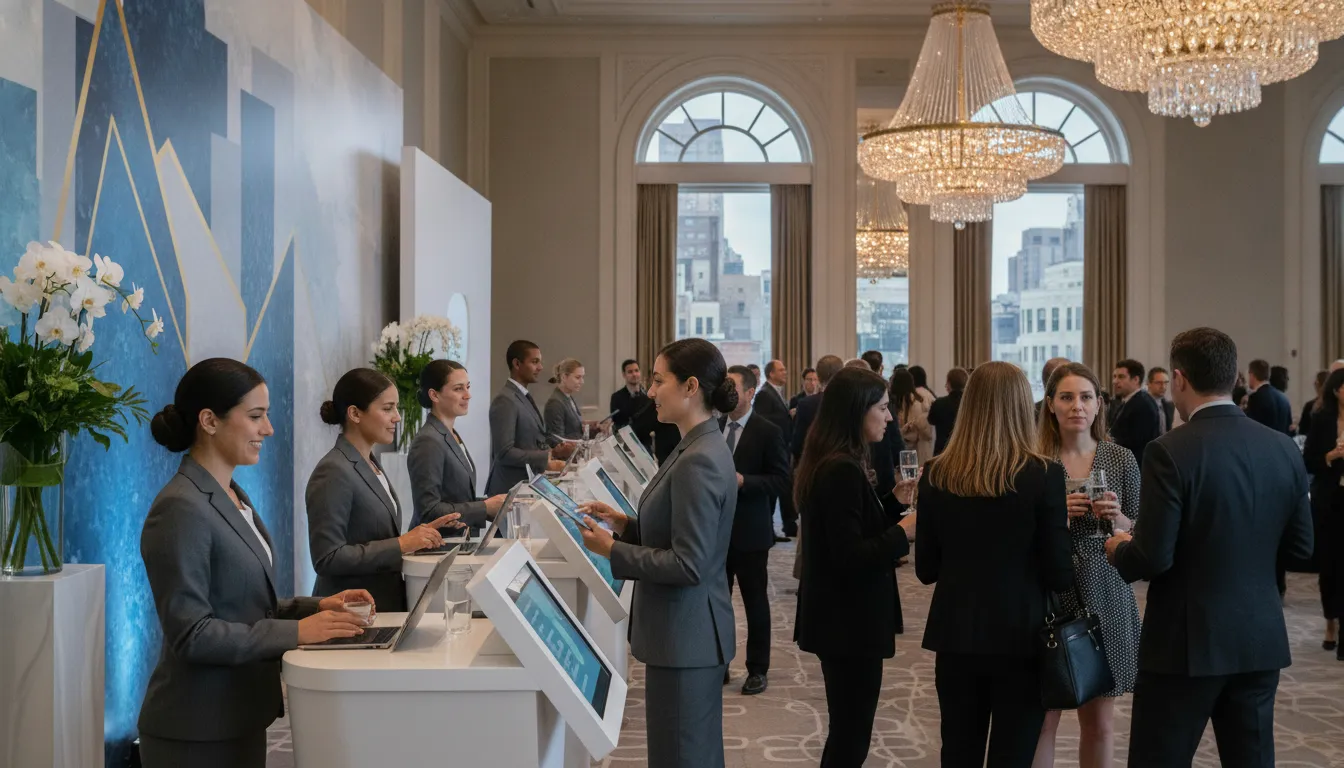 Welcoming staff guiding attendees through a professional conference check-in