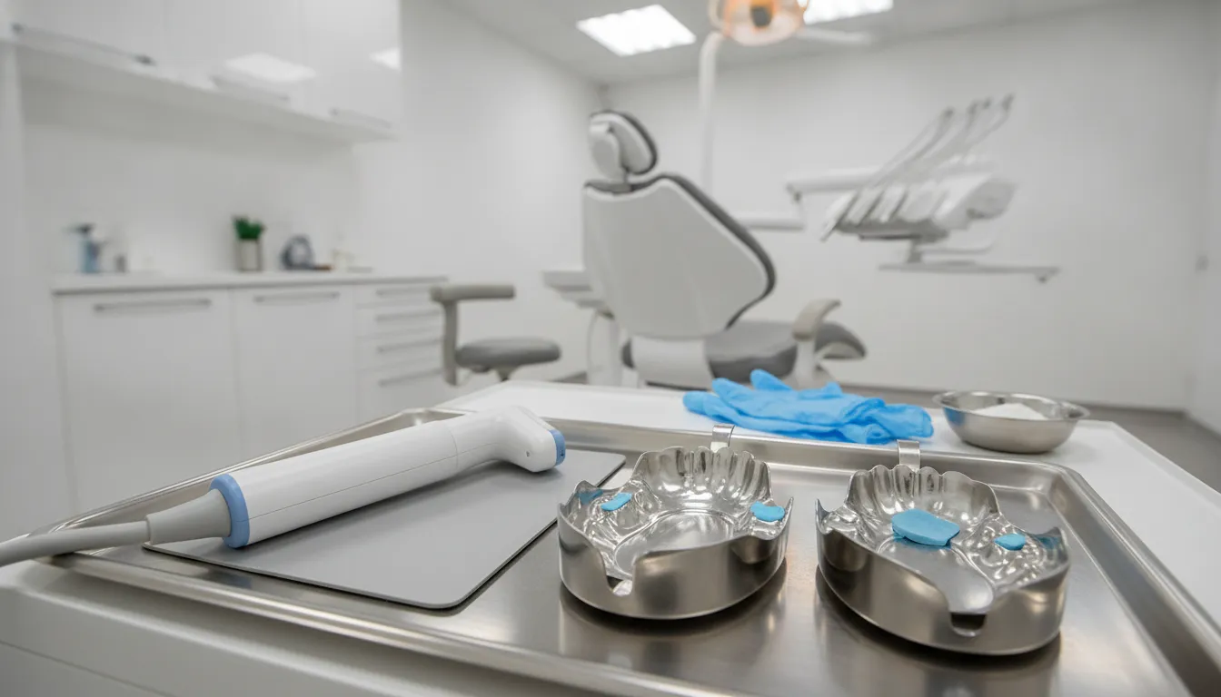 Intraoral scanner beside a conventional denture impression for digital and analog capture