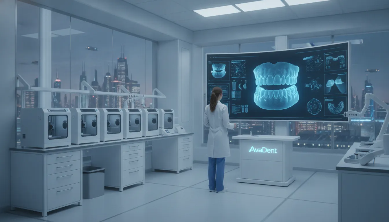 Clinician reviewing an AI denture design workflow in a digital dental lab