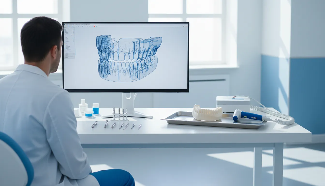 Dental team reviewing a digital denture workflow and prosthetic records
