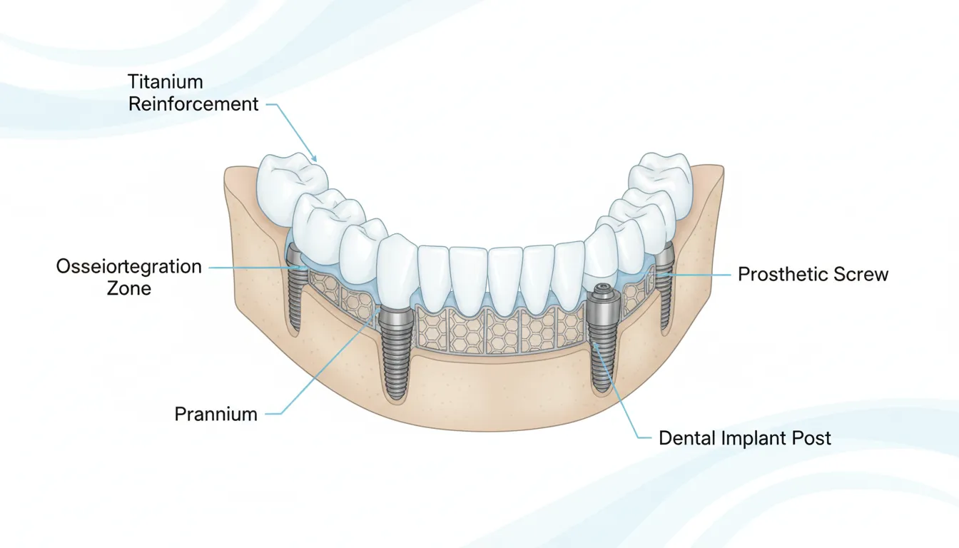 AvaMax titanium framework integration in implant-supported denture workflow - cross-section showing titanium lattice and PMMA bond