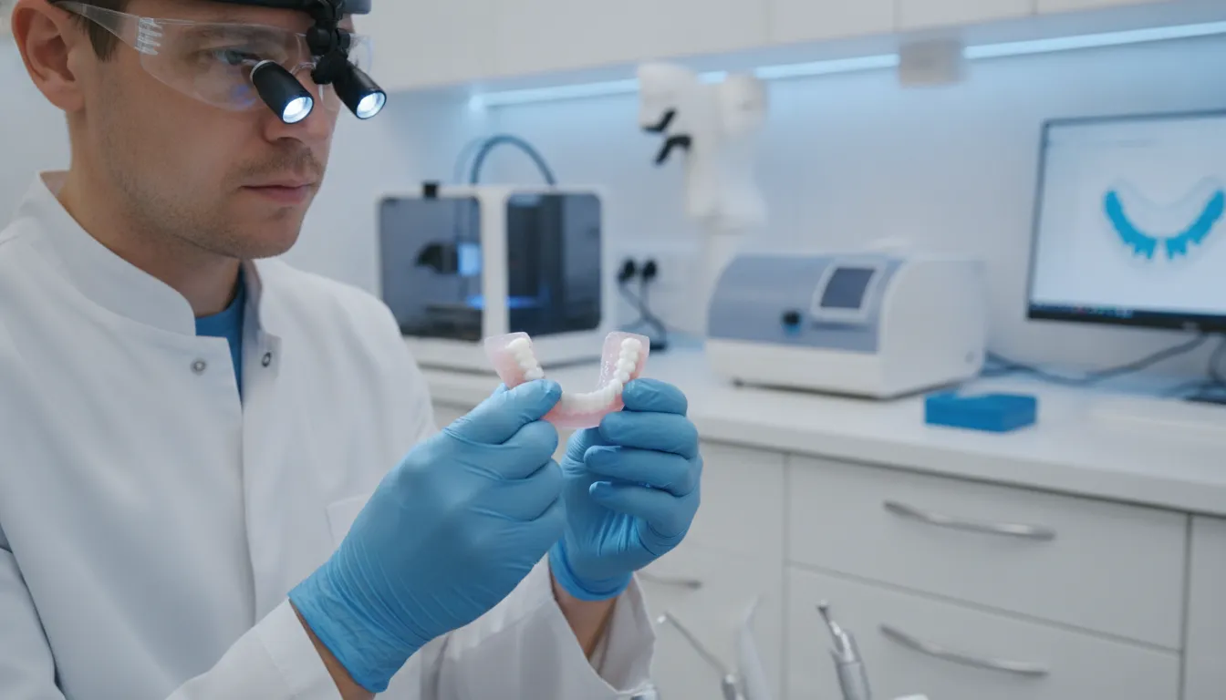 Dental technician inspecting a digital denture identification detail in the laboratory