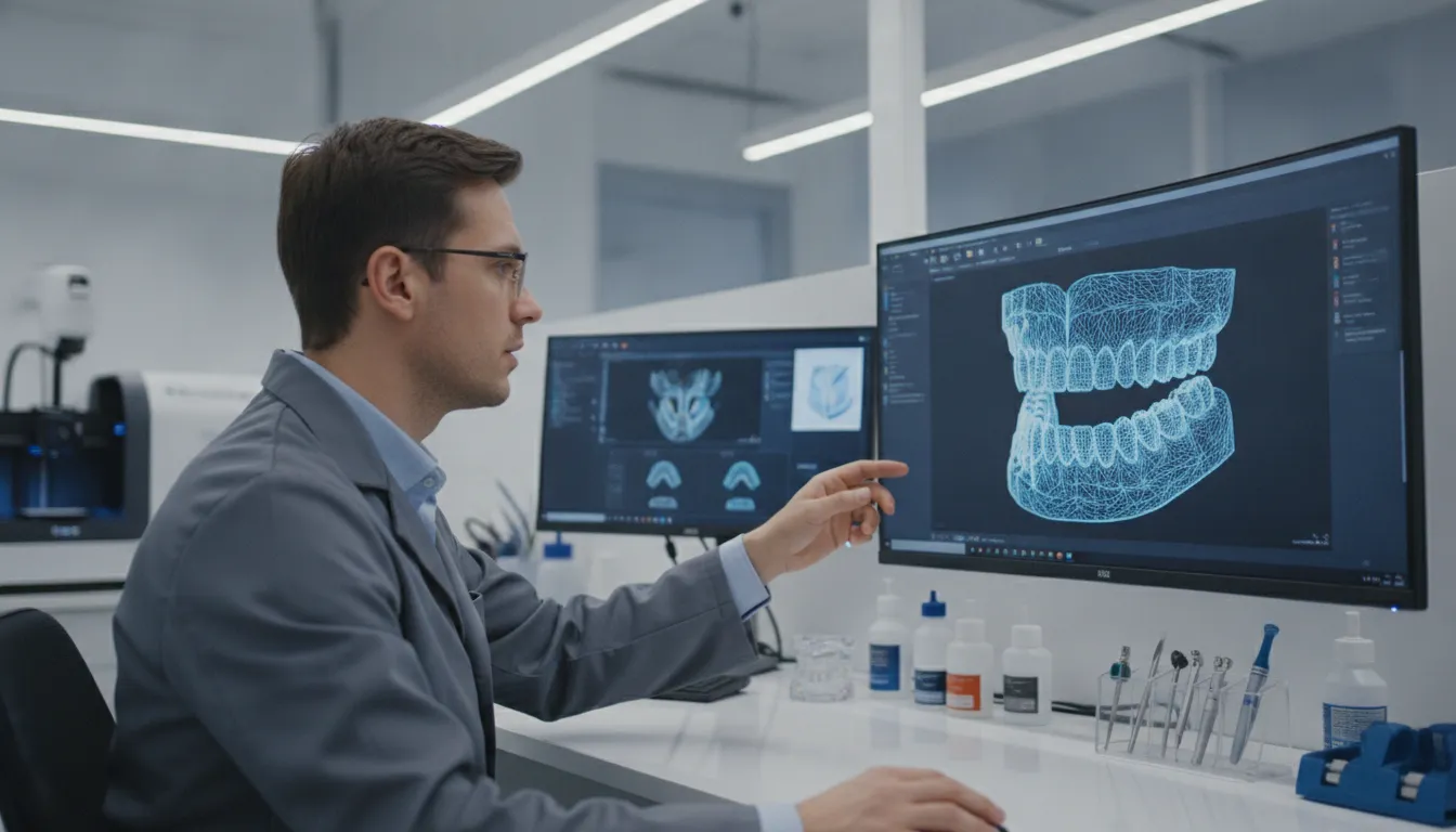 Digital technician reviewing a neutral zone denture CAD design