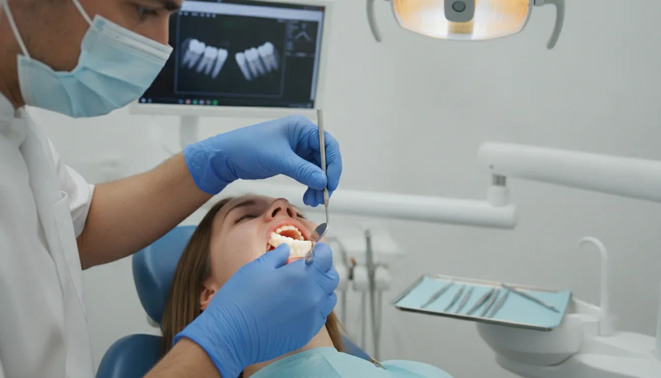 Dentist placing a precision-milled monolithic digital immediate denture into a patient's mouth immediately after tooth extraction surgery