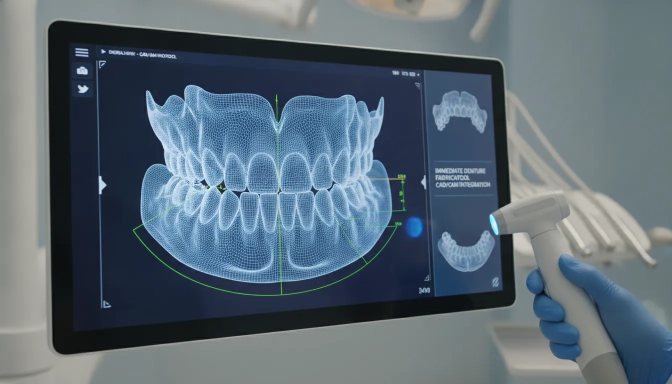 Digital 3D intraoral scan of an edentulous dental arch displayed on a monitor showing detailed surface topography for immediate denture design