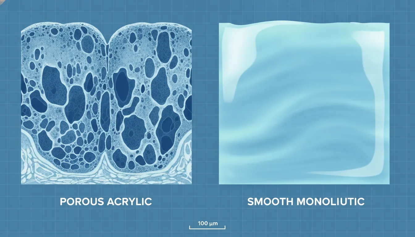 Microscopic comparison showing porous conventional denture acrylic surface versus smooth non-porous monolithic PMMA surface