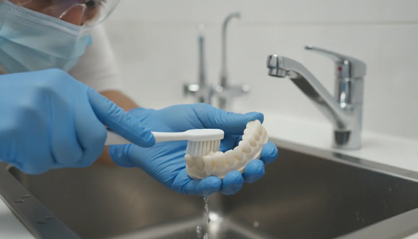 Dental hygienist demonstrating monolithic denture cleaning with a soft brush