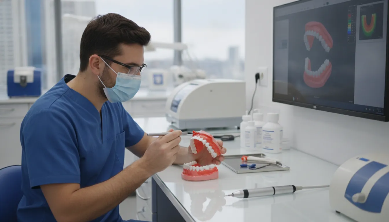 Dentist assessing denture sore spots with clinical tools