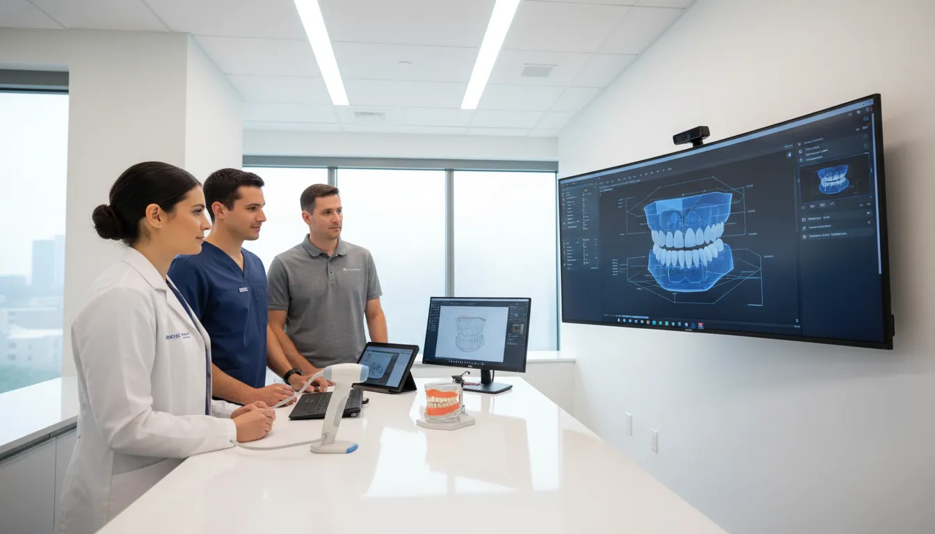 Dental team practicing digital denture training with a case review workflow