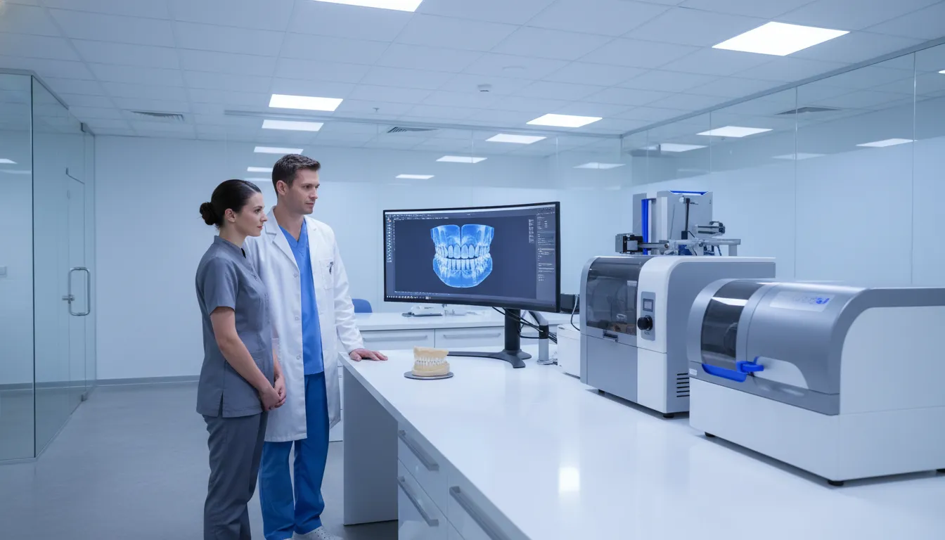 Clinician reviewing denture replacement digital records before a remake