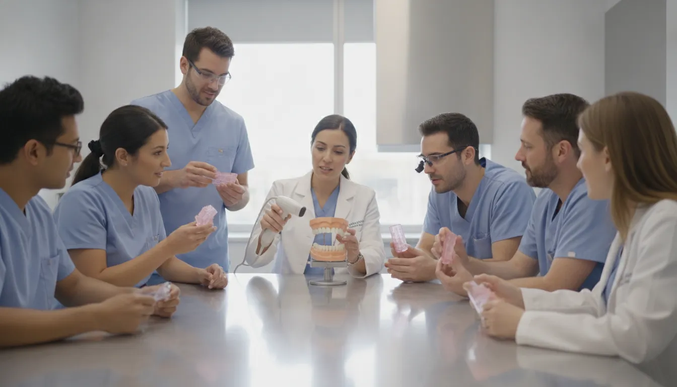 Dental clinicians collaborating during a digital denture CE course