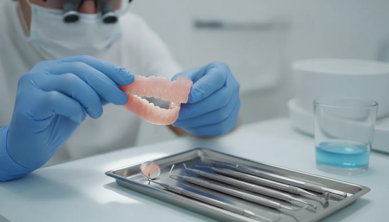 Clinician examining a monolithic denture during a recall appointment