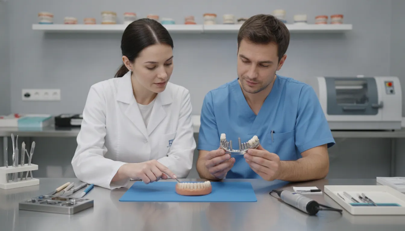 Dental team comparing stronger denture material options, including monolithic PMMA and titanium reinforcement