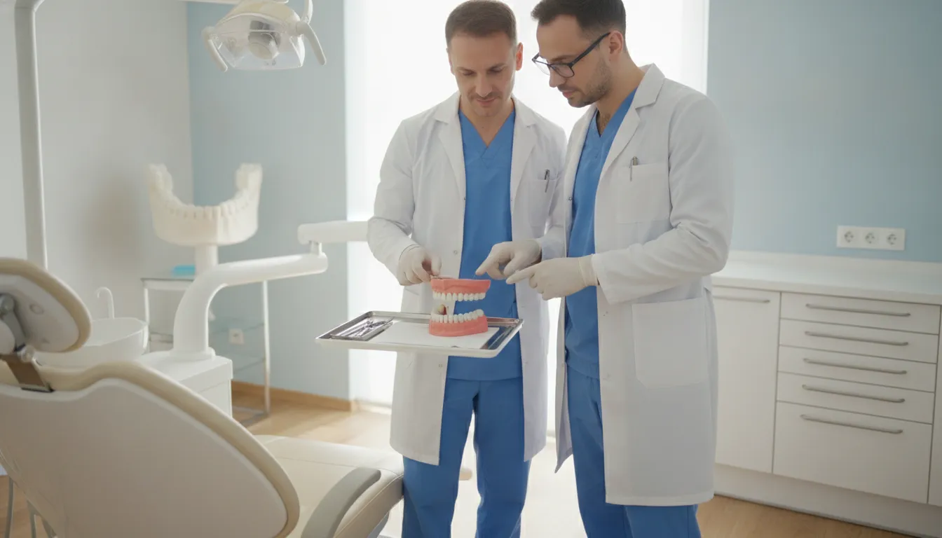 General dentist and prosthodontist reviewing a full-arch denture during a prosthodontist consultation