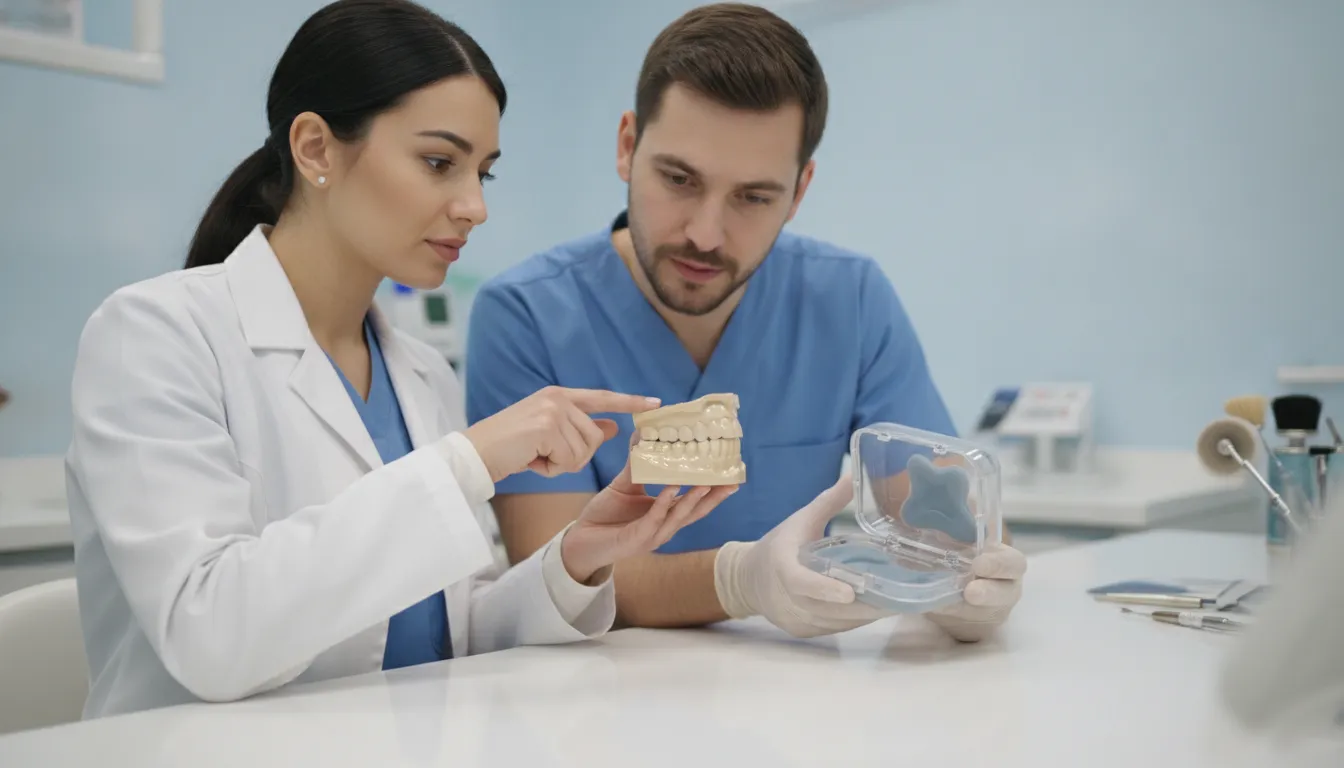 Dental team inspecting a finished denture manufacturing case