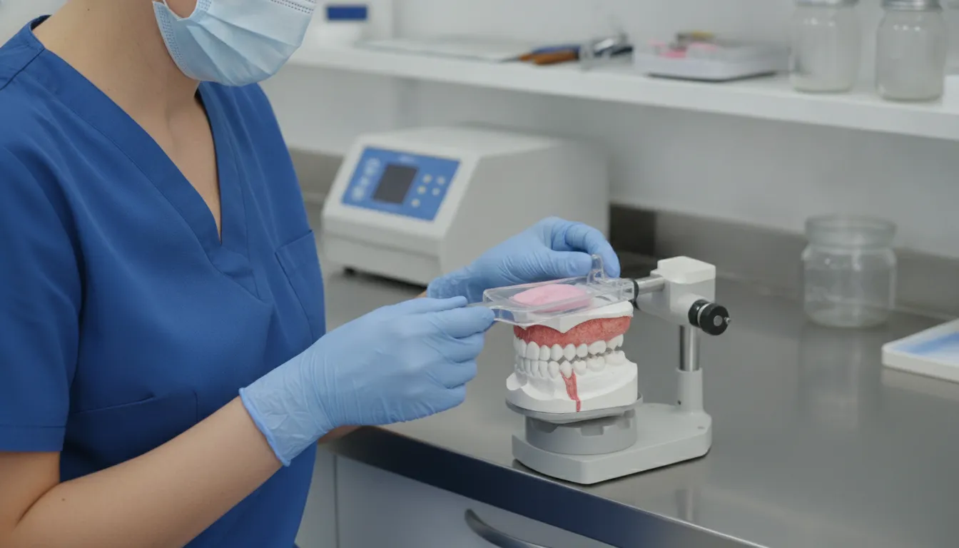 Dentist performing a flabby ridge impression technique on a maxillary model