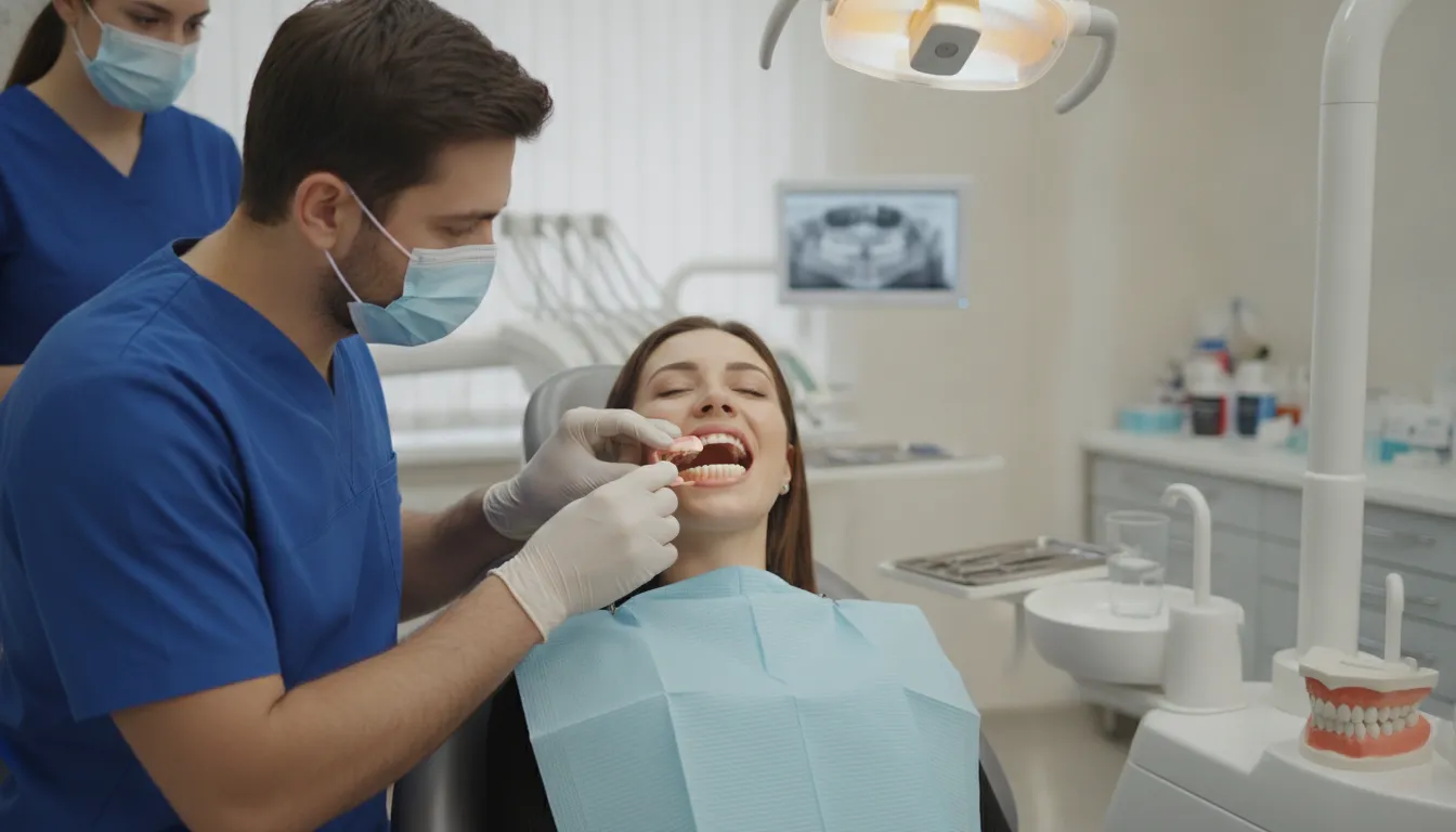 Dentist clinically verifying the fit of a duplicate denture