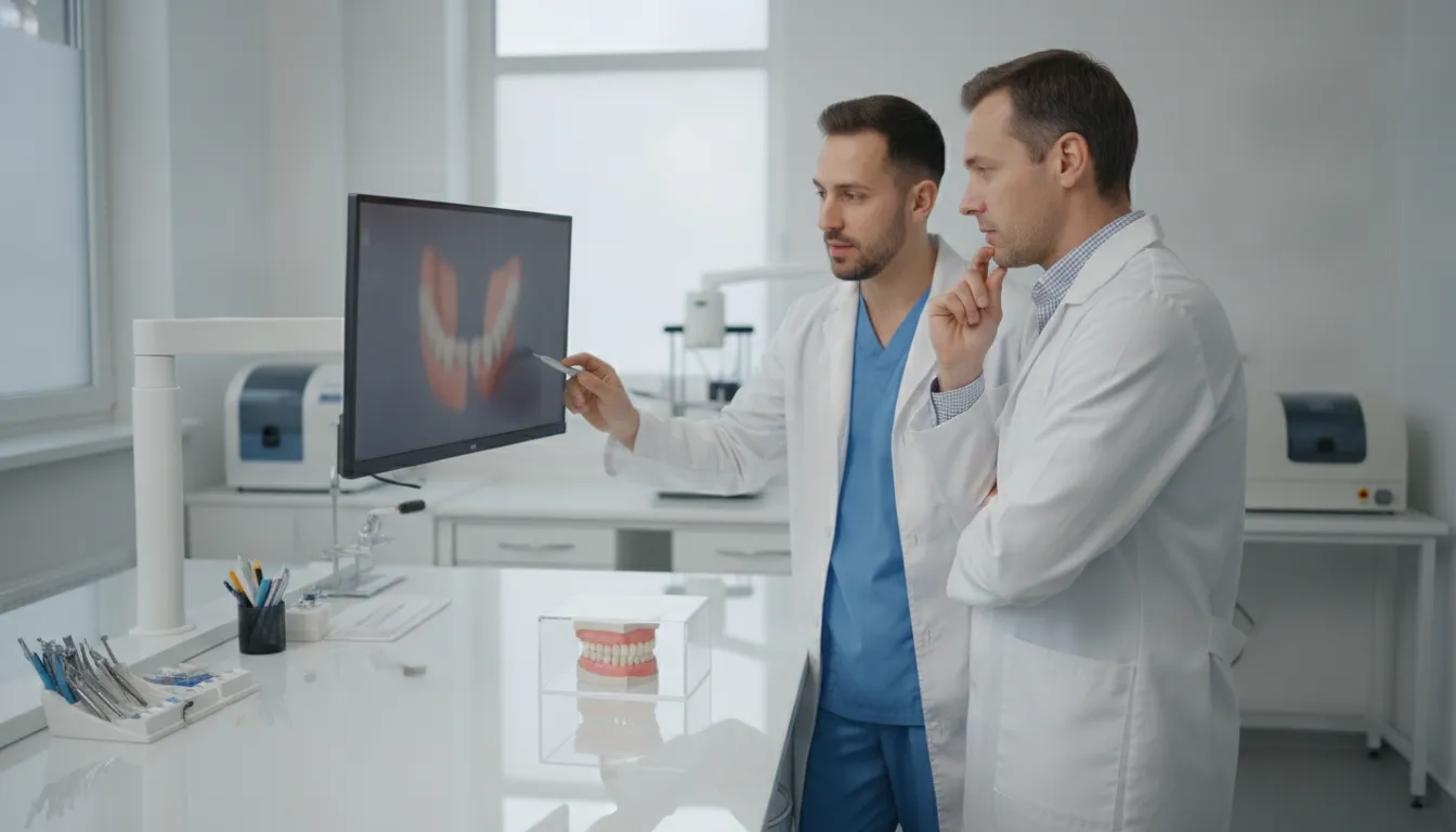 Dentist and dental technician reviewing a digital denture manufacturing case