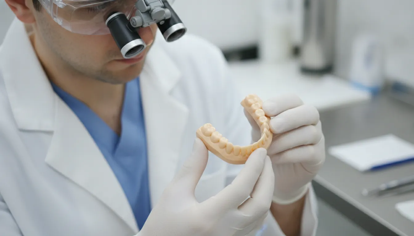 Dental technician reviewing a digital workflow for selecting a stronger denture material