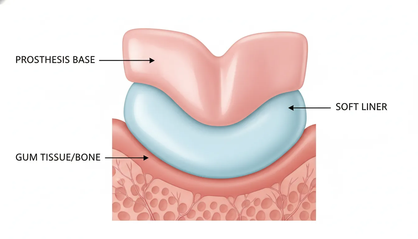 Cross-section illustration of a dental prosthesis showing a soft liner material cushioning the gum tissue for patient comfort