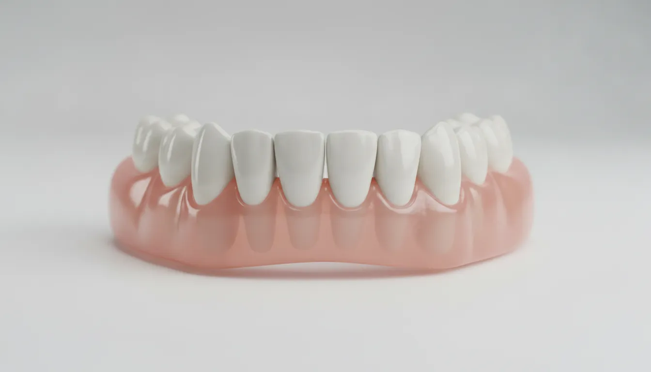 High-precision digital denture model showing detailed pink acrylic base and white prosthetic teeth