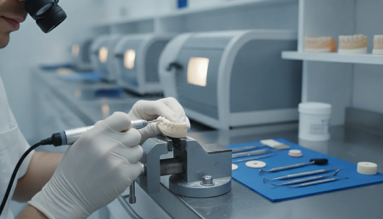 Dental technician finishing a precision-milled monolithic denture in a digital laboratory