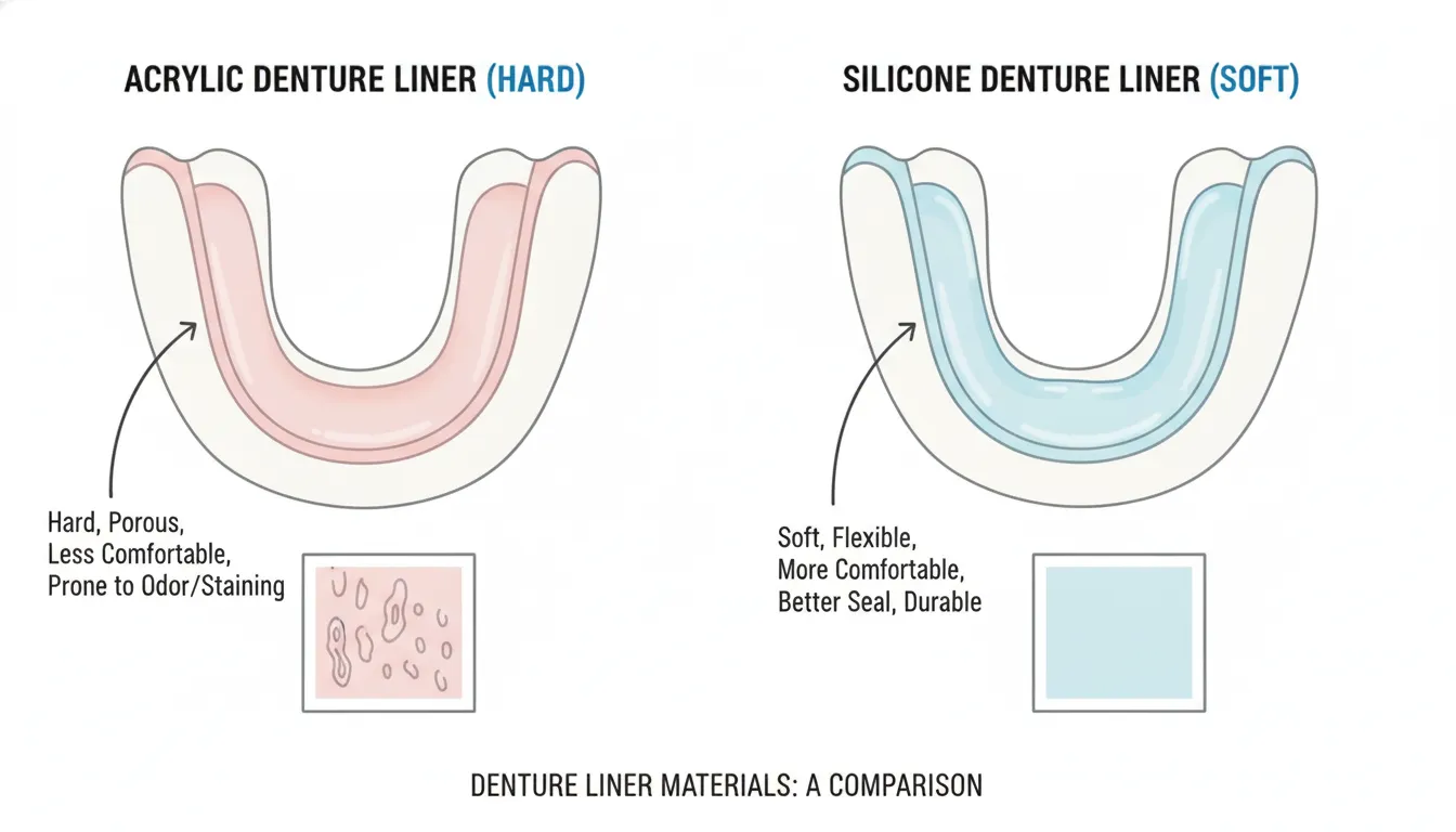Side-by-side comparison of acrylic and silicone denture liner materials on a denture base showing their distinct physical properties