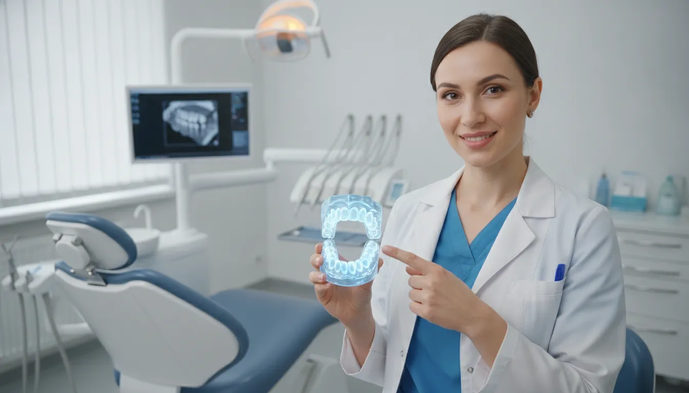 Dentist pointing to precise tissue fitting surface of a digital denture