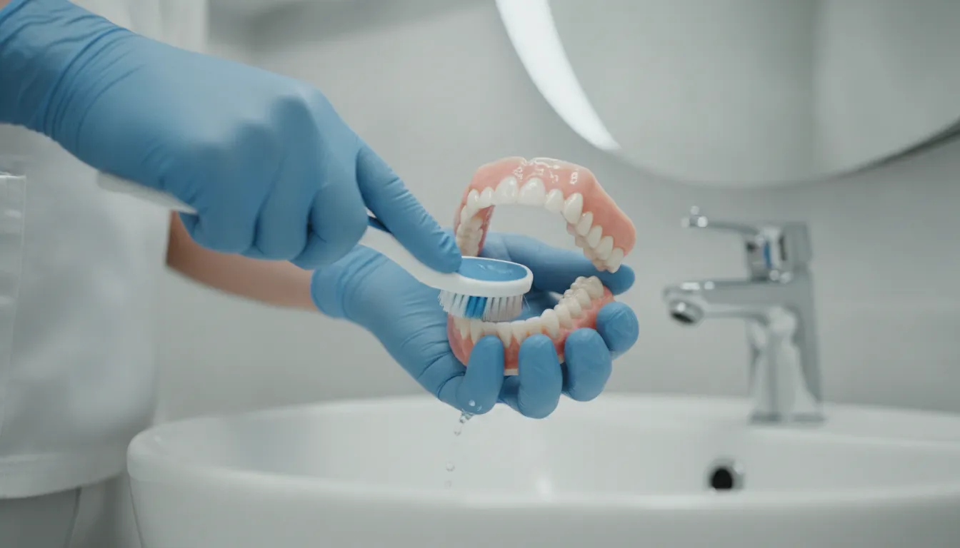 Dental professional demonstrating denture cleaning with a soft brush in a bright clinical setting