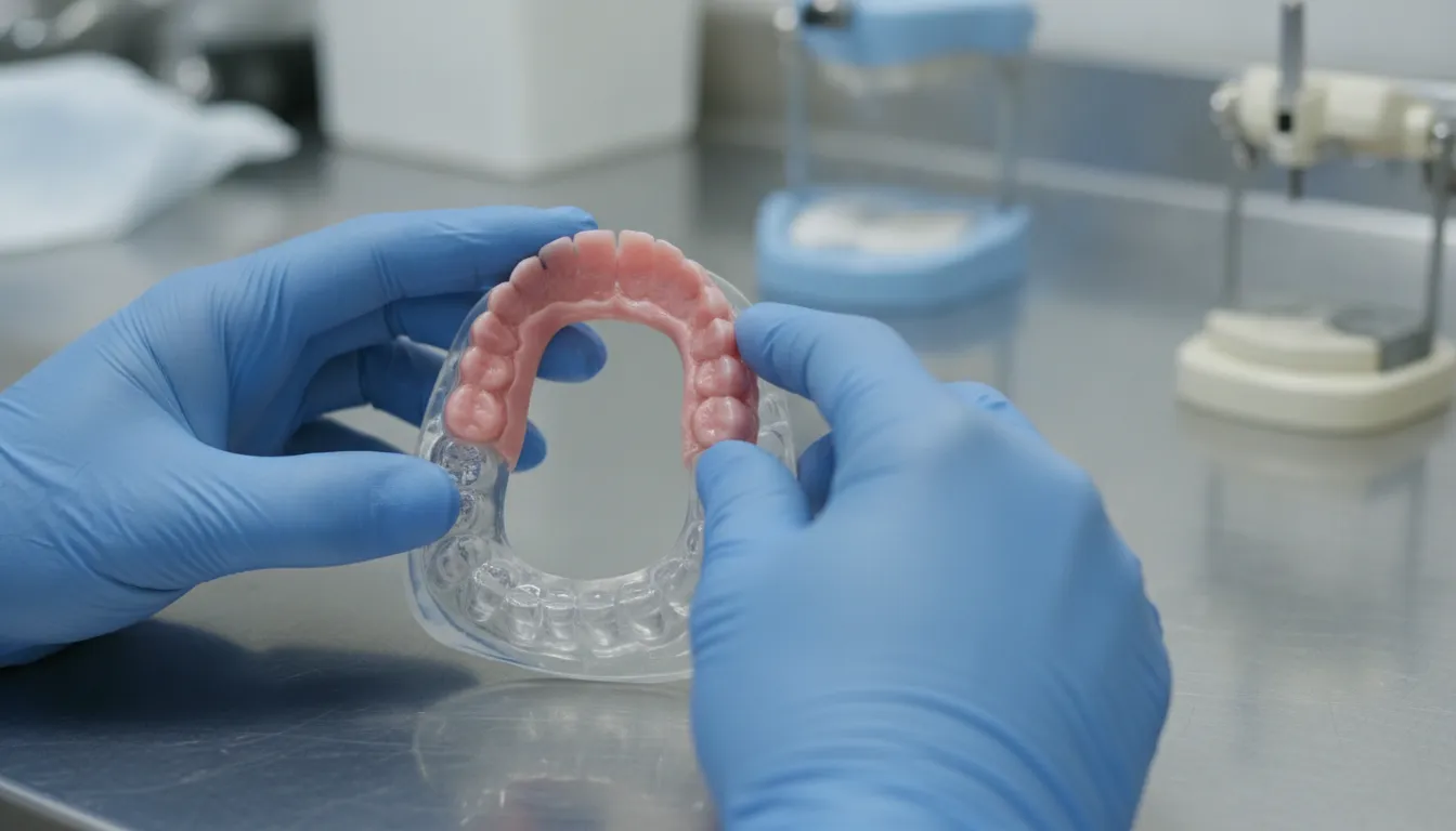 Clinician evaluating a neutral zone denture record on a stable mandibular base