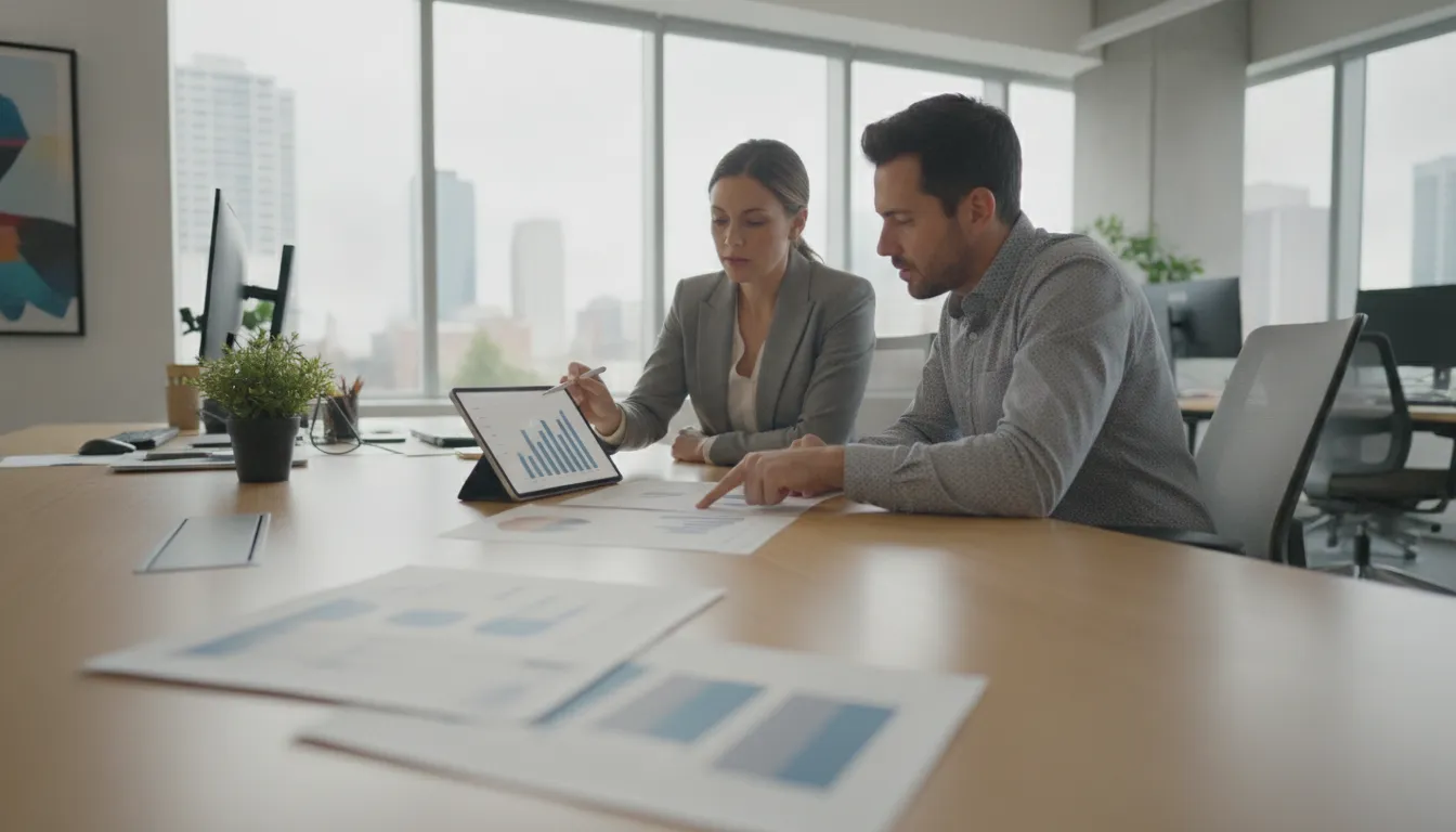 Staffing agency owner reviewing accounts receivable aging with a colleague