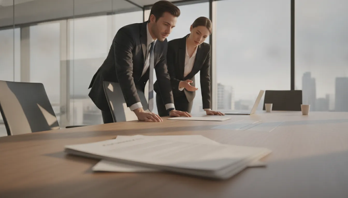 Staffing agency owner and operations specialist reviewing a staffing agency client contract