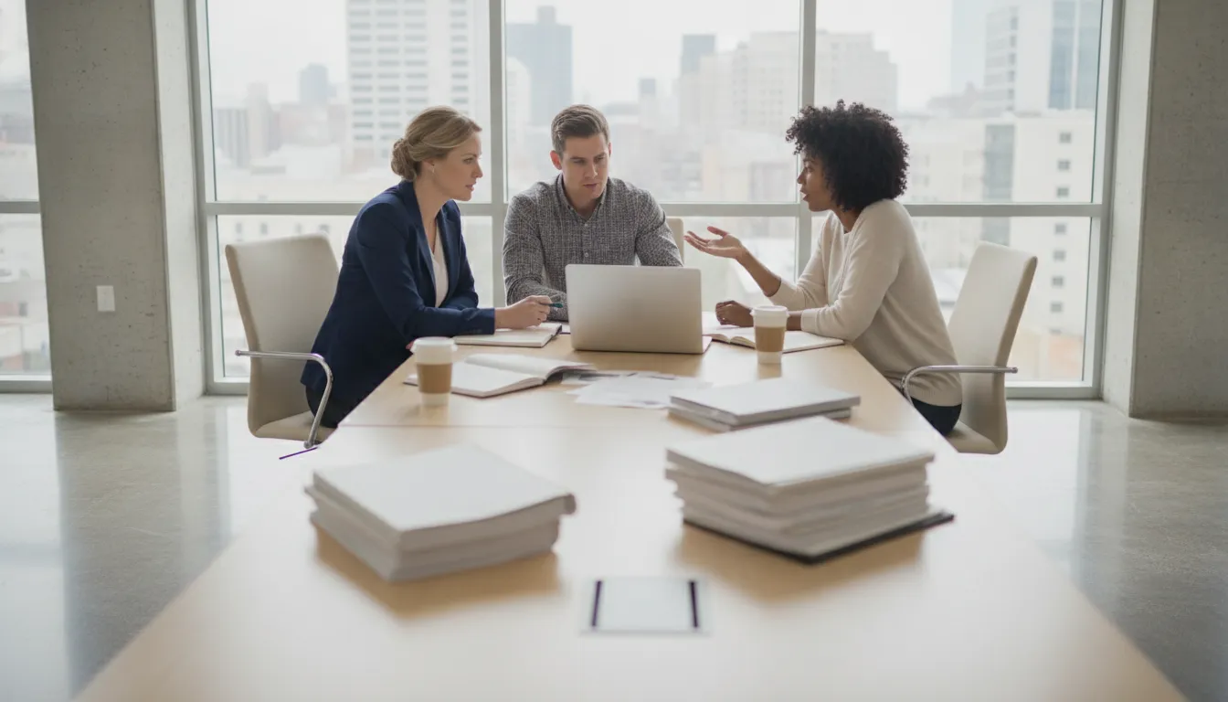 Staffing firm owners reviewing EOR operations with a back-office advisor