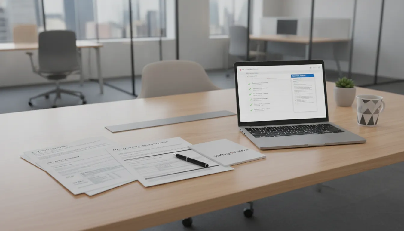 Staffing agency compliance documents and onboarding paperwork on a desk with a laptop